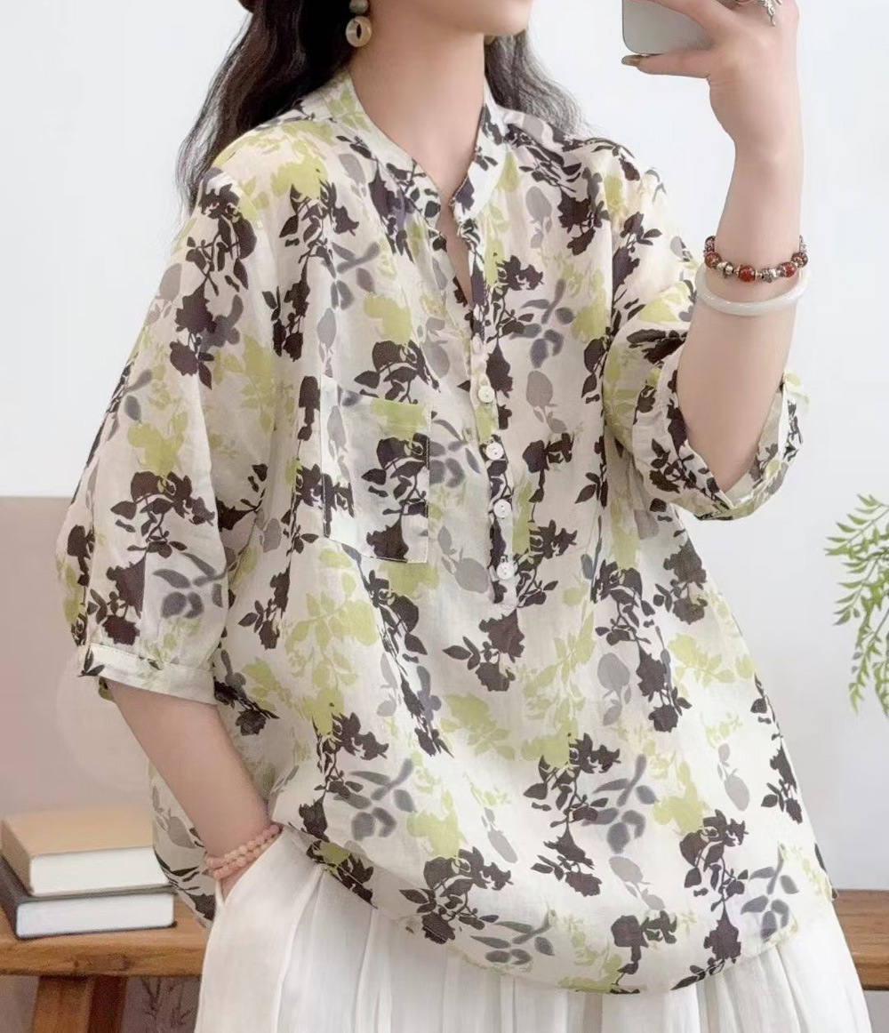 花柄 ファッション 水彩画風 七分袖シアーブラウス