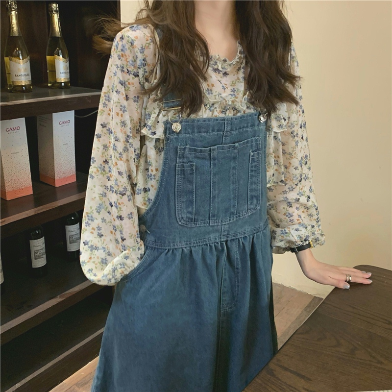 花柄 ファッション 優しい花柄ブラウス サスペンダースカートセット