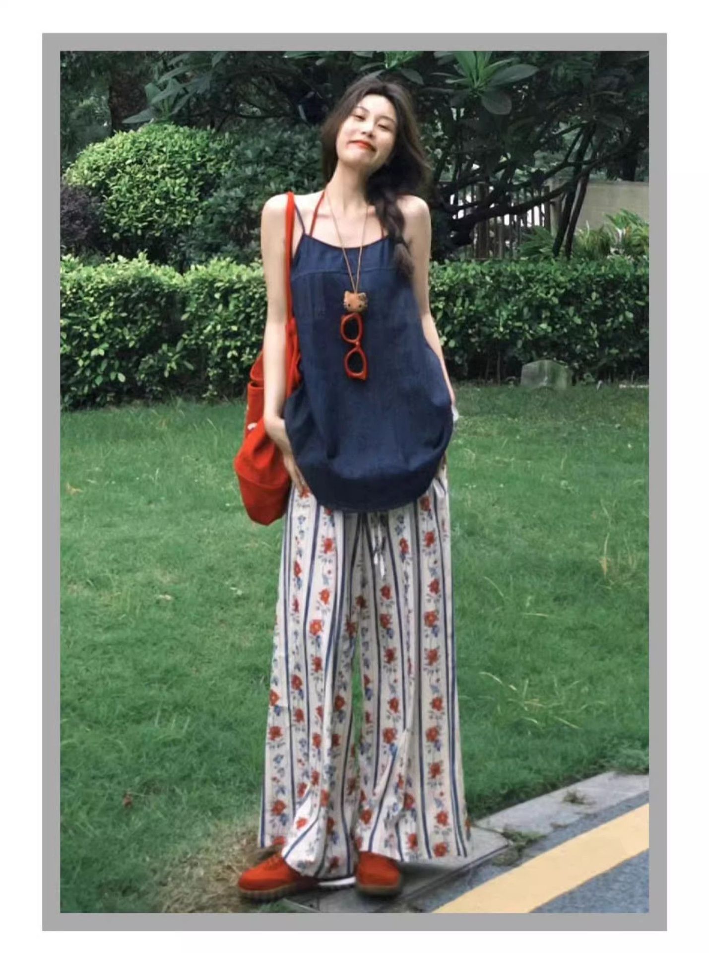 花柄 ファッション 縦縞花柄ワイドパンツ