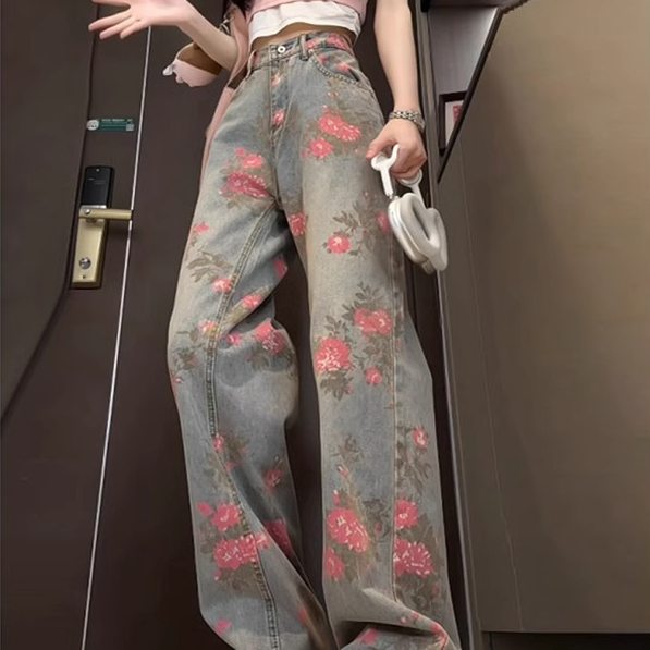 花柄 ファッション 花柄デニム ハイウエストパンツ レディース
