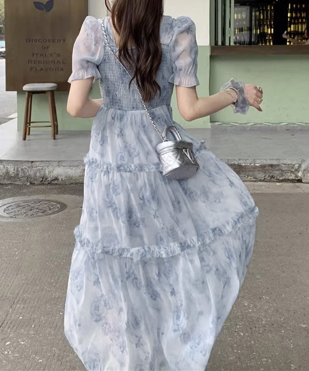 花柄 ファッション 花柄シャーリングティアードワンピース 夏服