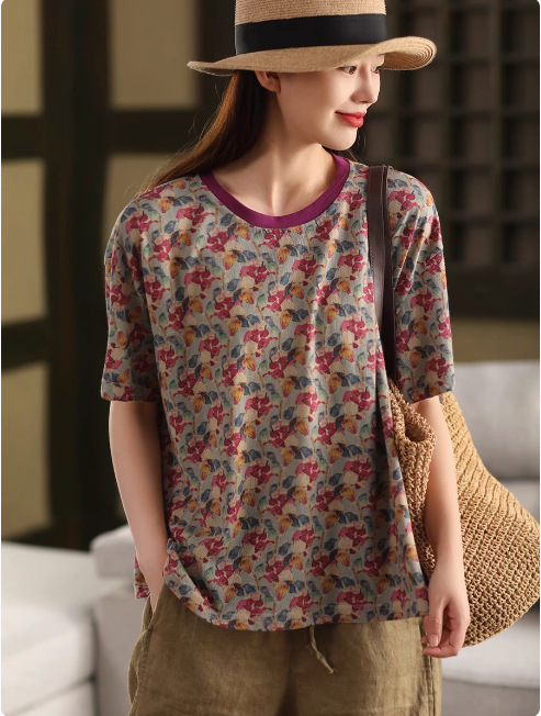 花柄 ファッション 花織りの詩 レトロ風ゆったりTシャツ