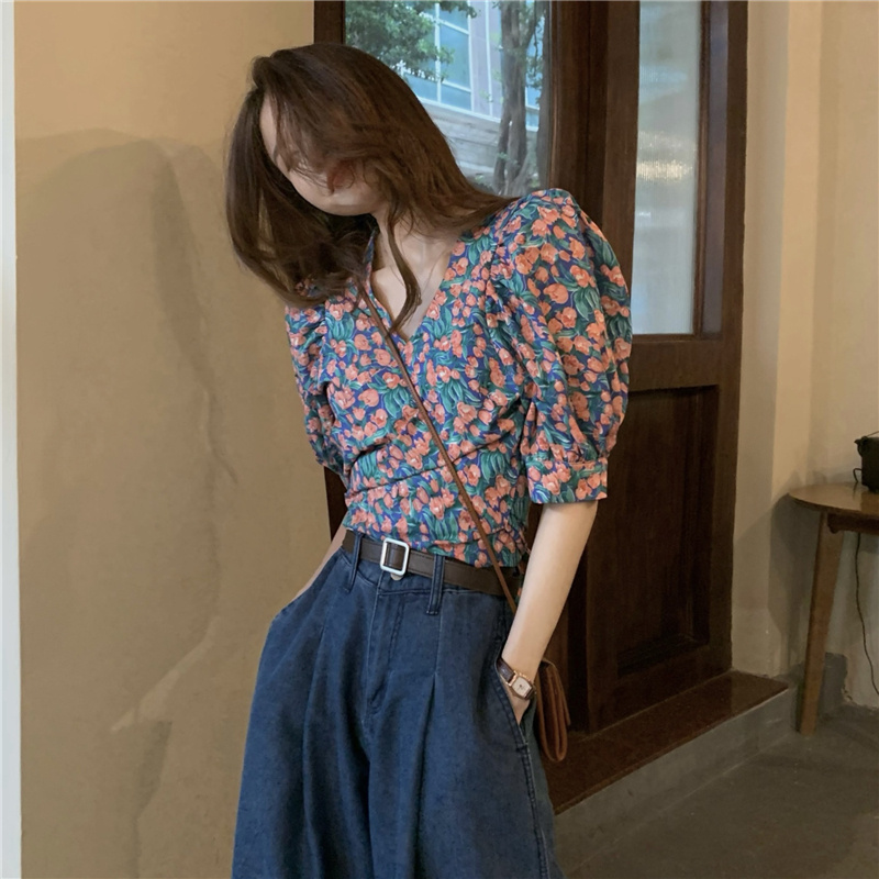 花柄 ファッション 華やか花柄パフスリーブブラウス デニムパンツセット