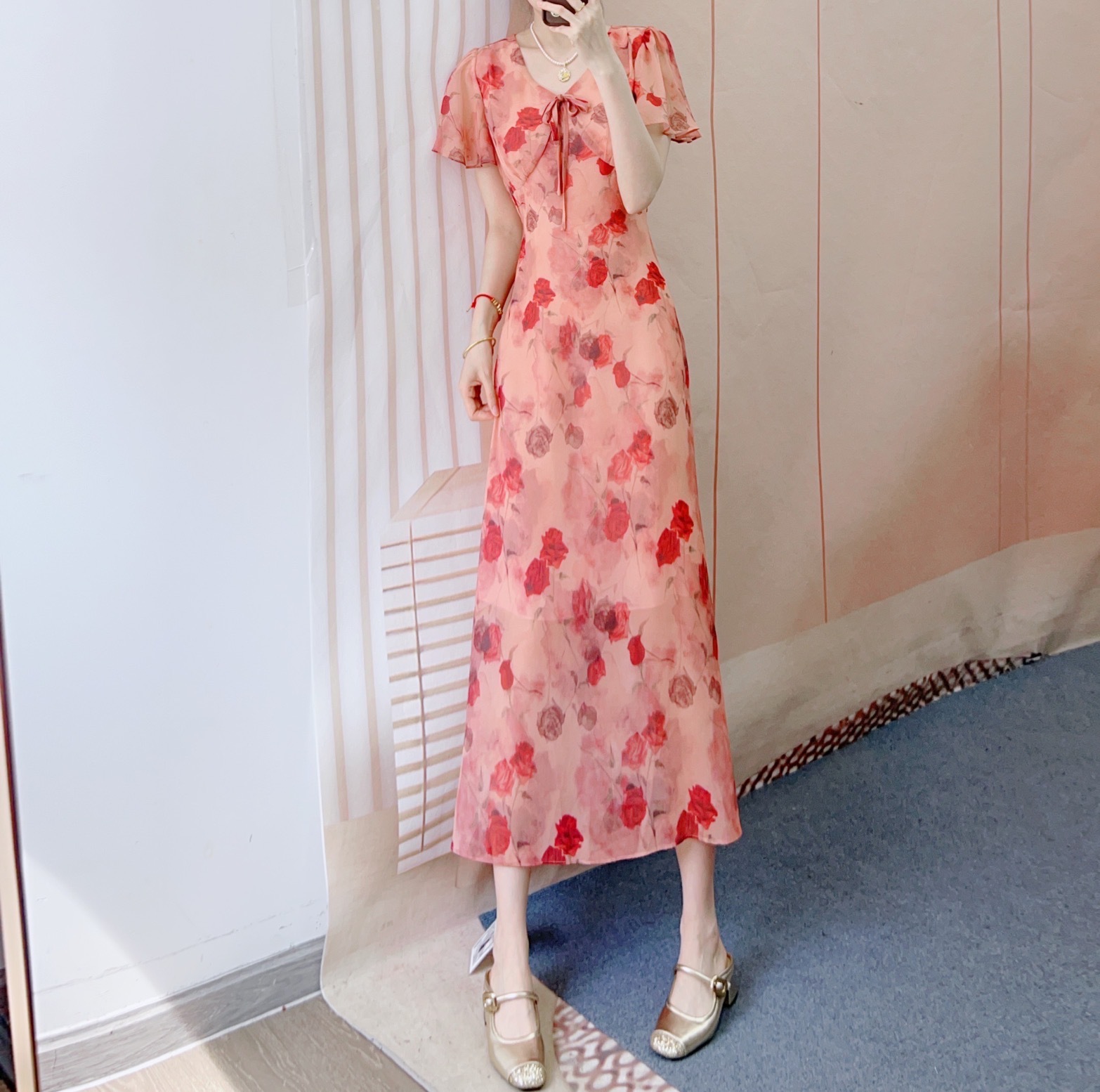 花柄 ファッション リボン付き優美バラ模様ロングワンピース