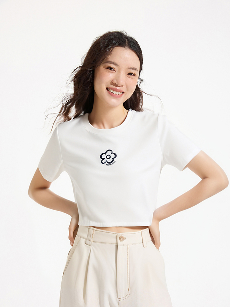 花柄 ファッション ミニマルお花ワンポイント丈短めシャツ