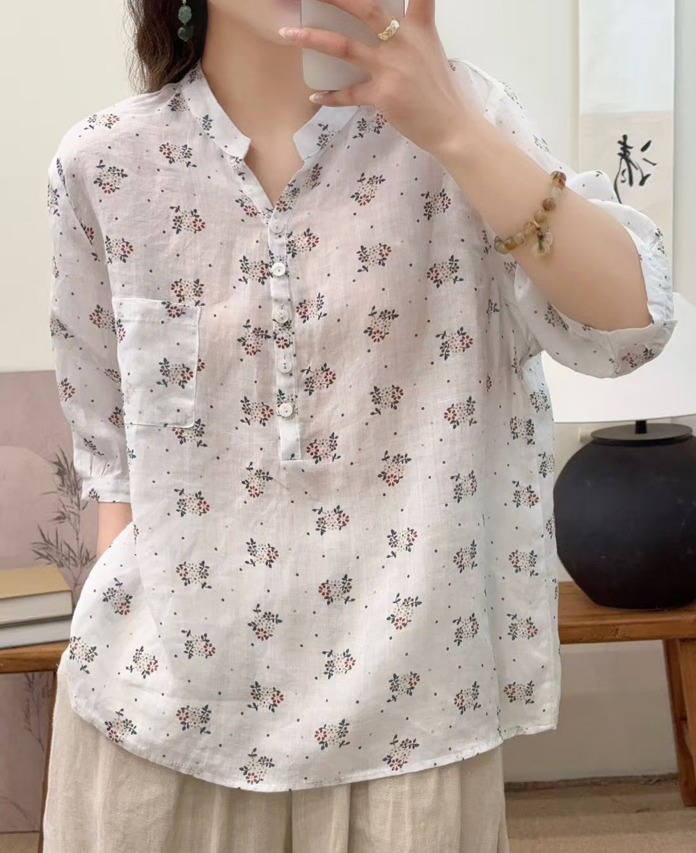 花柄 ファッション 水彩画風 七分袖シアーブラウス