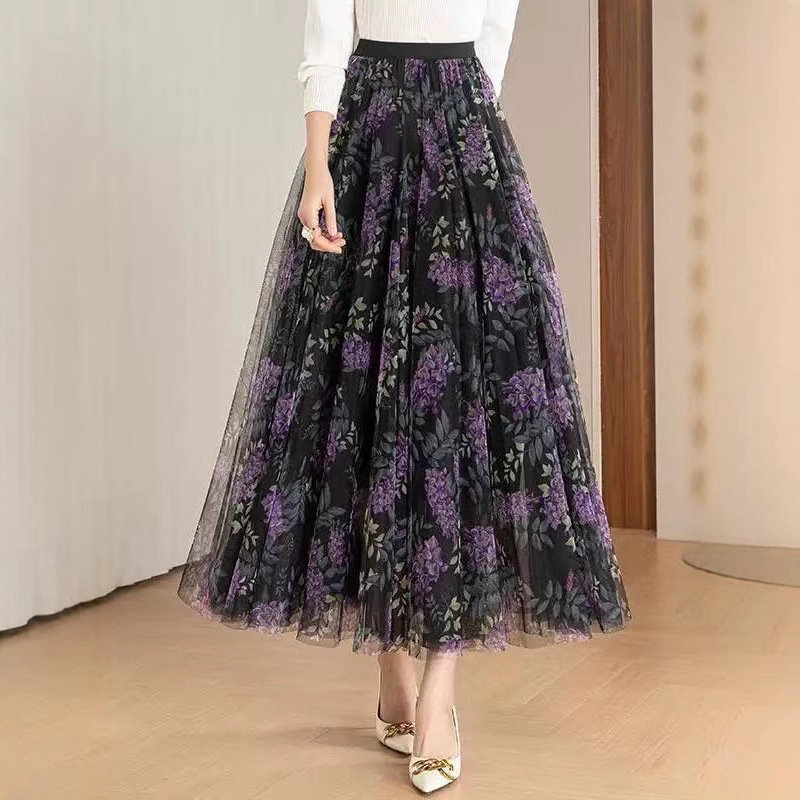 花柄 ファッション 優美チュール花柄ロングスカート
