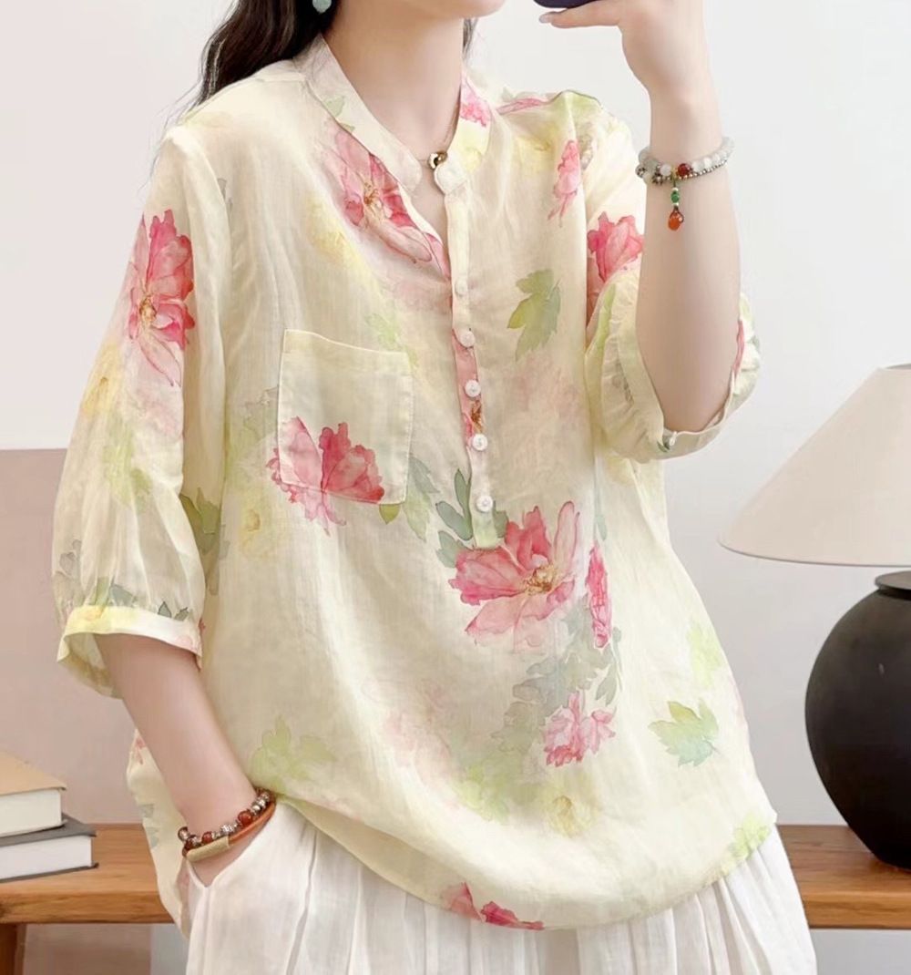 花柄 ファッション 水彩画風 七分袖シアーブラウス
