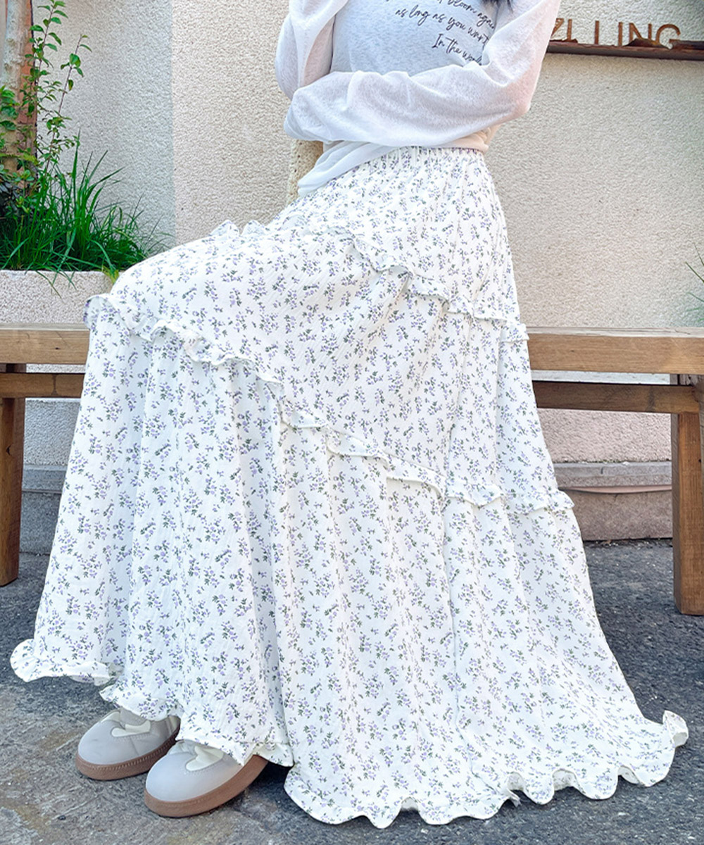 花柄 ファッション 華やか小花柄 三段ティアードロングスカート