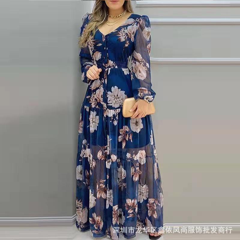 花柄 ファッション 優美な花園シフォンロングワンピース
