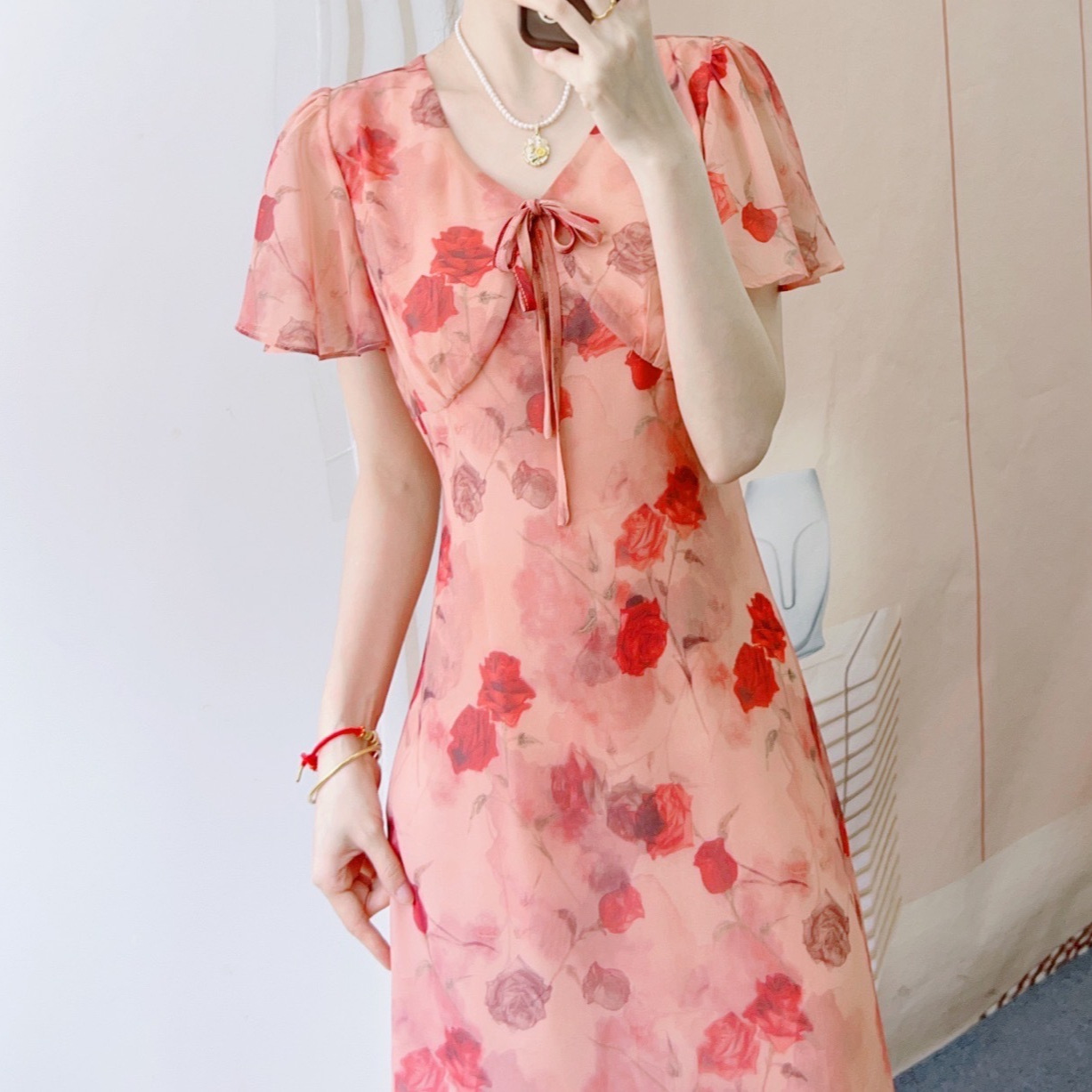 花柄 ファッション リボン付き優美バラ模様ロングワンピース