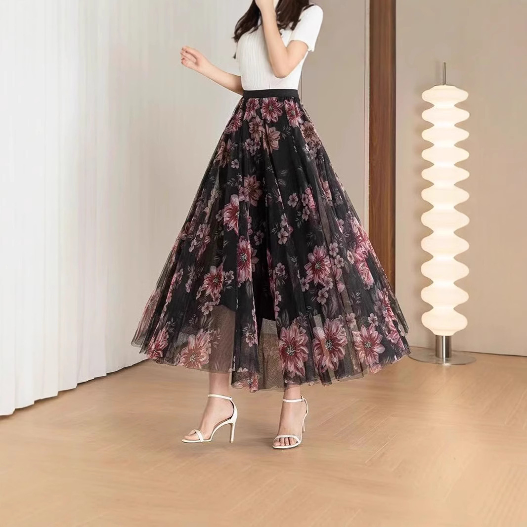 花柄 ファッション 優美チュール花柄ロングスカート