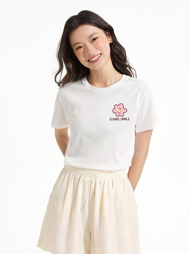 花柄 ファッション ほほえみ花刺繍 ワンポイントTシャツ