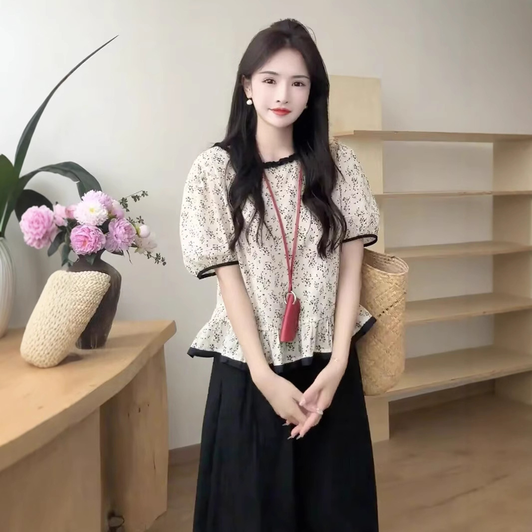 花柄 ファッション 優美小花 パフスリーブペプラムブラウス