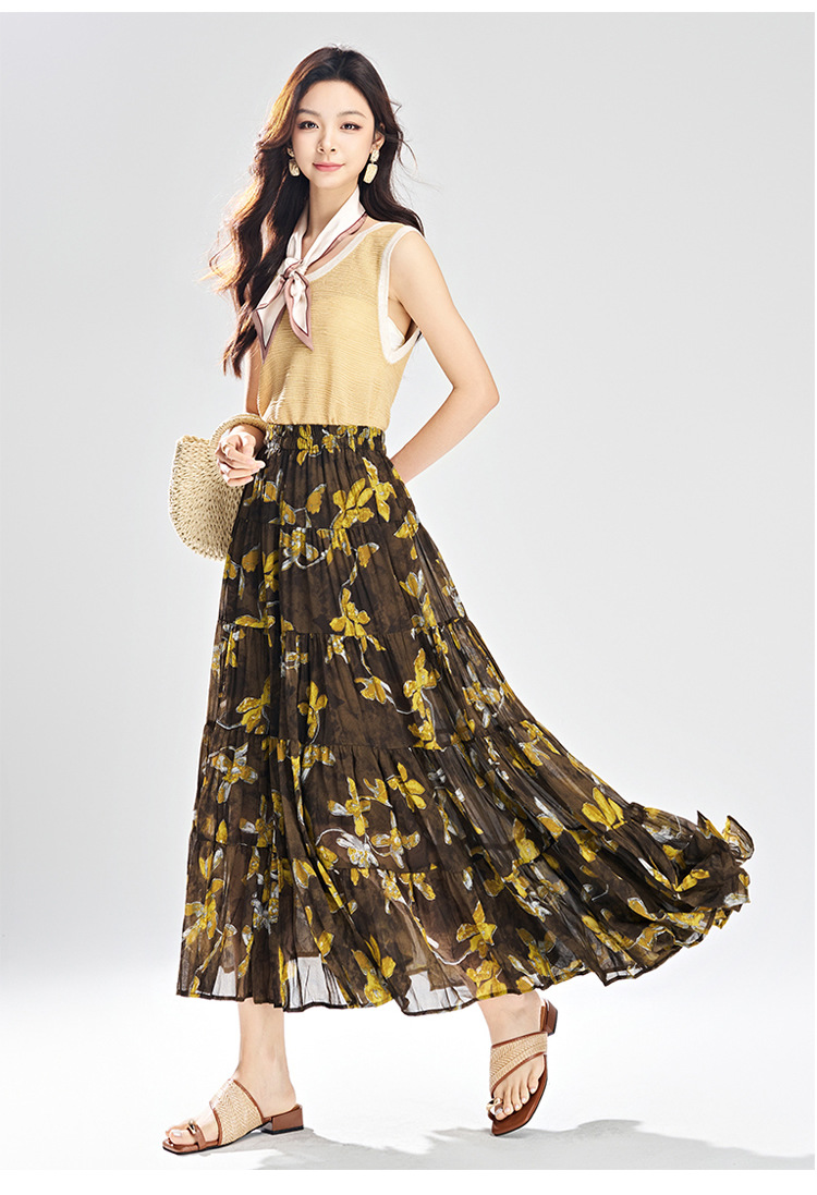 花柄 ファッション 花咲くプリーツマキシスカート