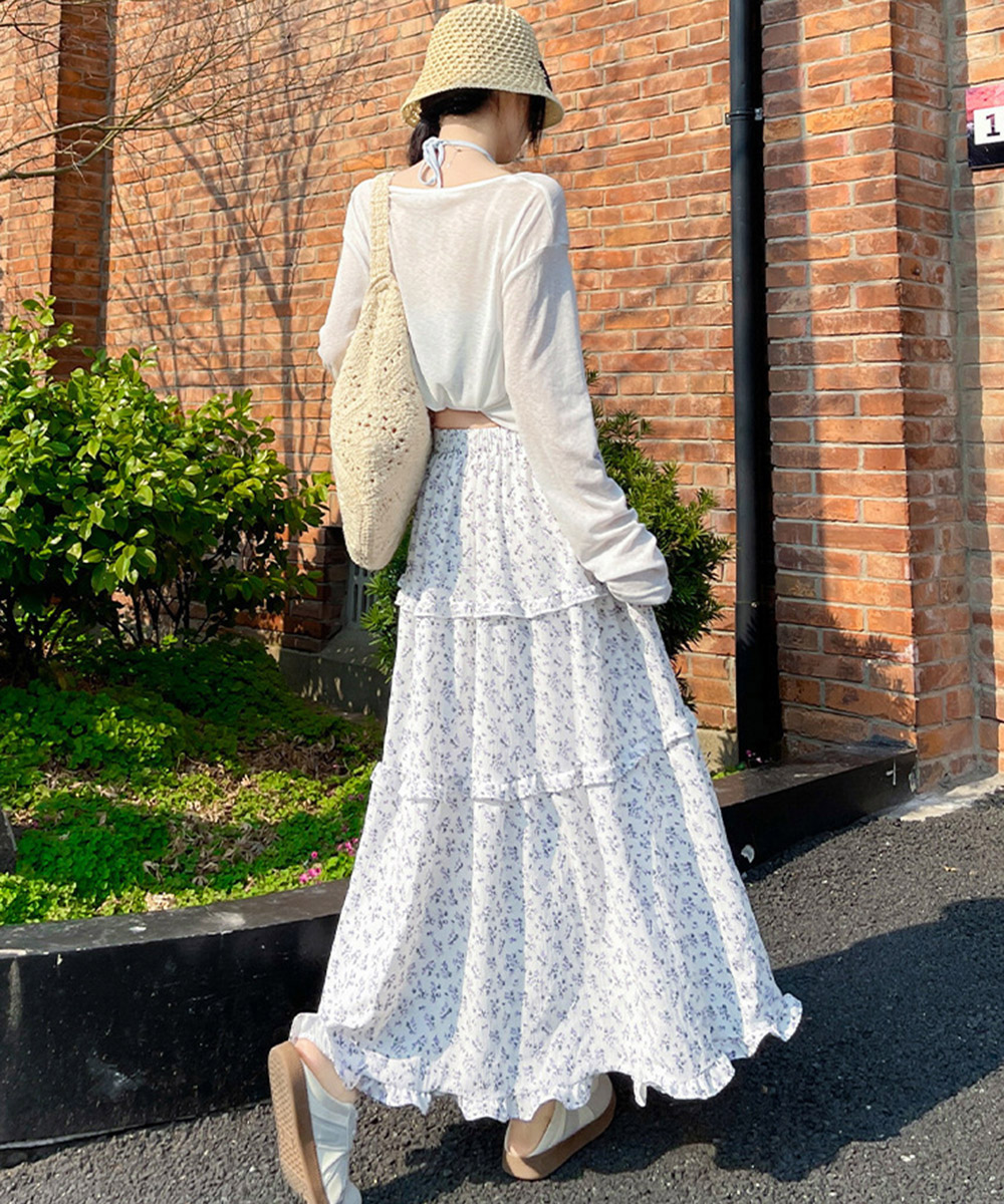花柄 ファッション 華やか小花柄 三段ティアードロングスカート