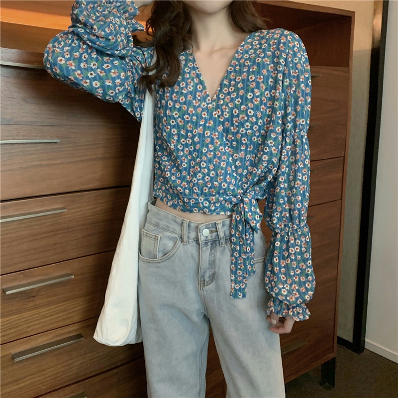 花柄 ファッション 小花柄 パフスリーブ Vネック Tシャツ 体型カバー