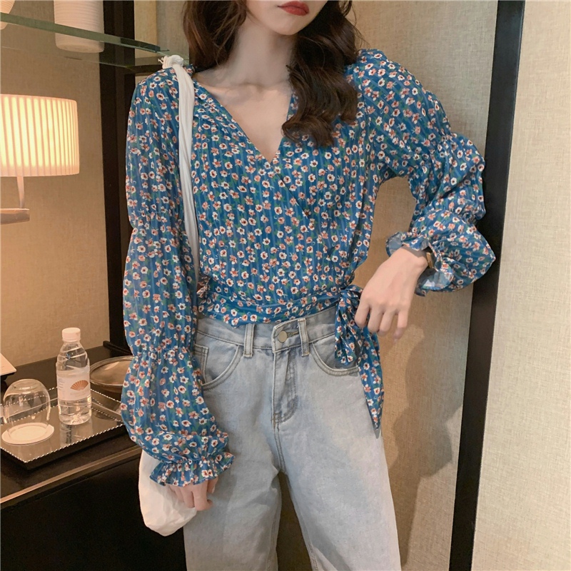 花柄 ファッション 小花柄 パフスリーブ Vネック Tシャツ 体型カバー