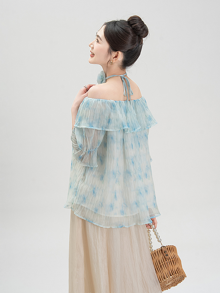花柄 ファッション 優美な水彩花フリルオフショルダーブラウス