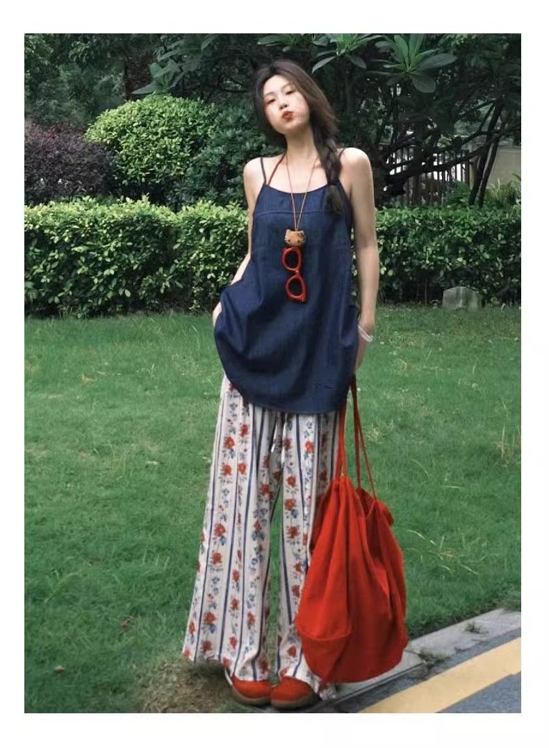 花柄 ファッション 縦縞花柄ワイドパンツ