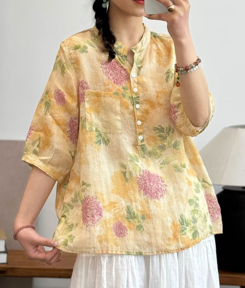 花柄 ファッション 水彩画風 七分袖シアーブラウス