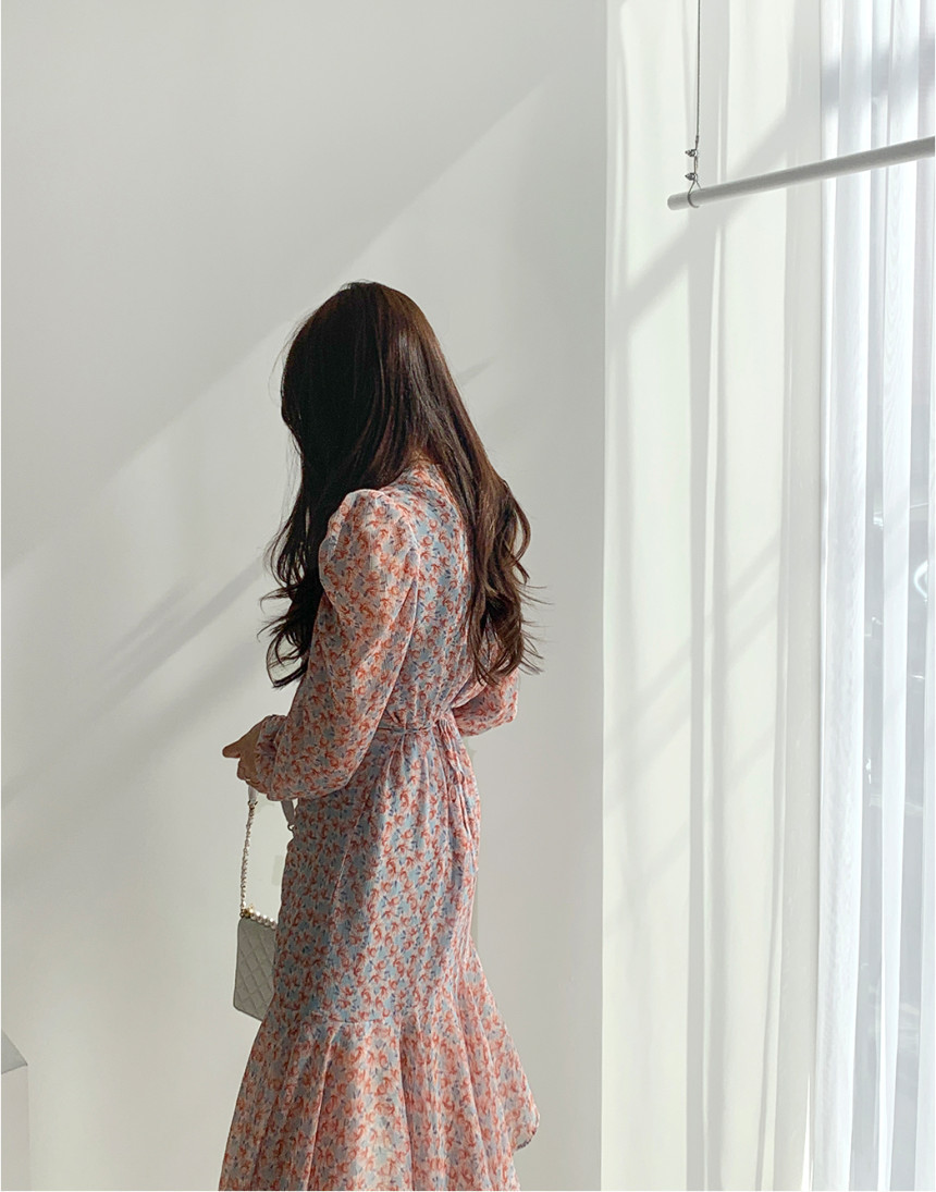 花柄 ファッション 上品な花柄 Vネック ギャザー ロングワンピース