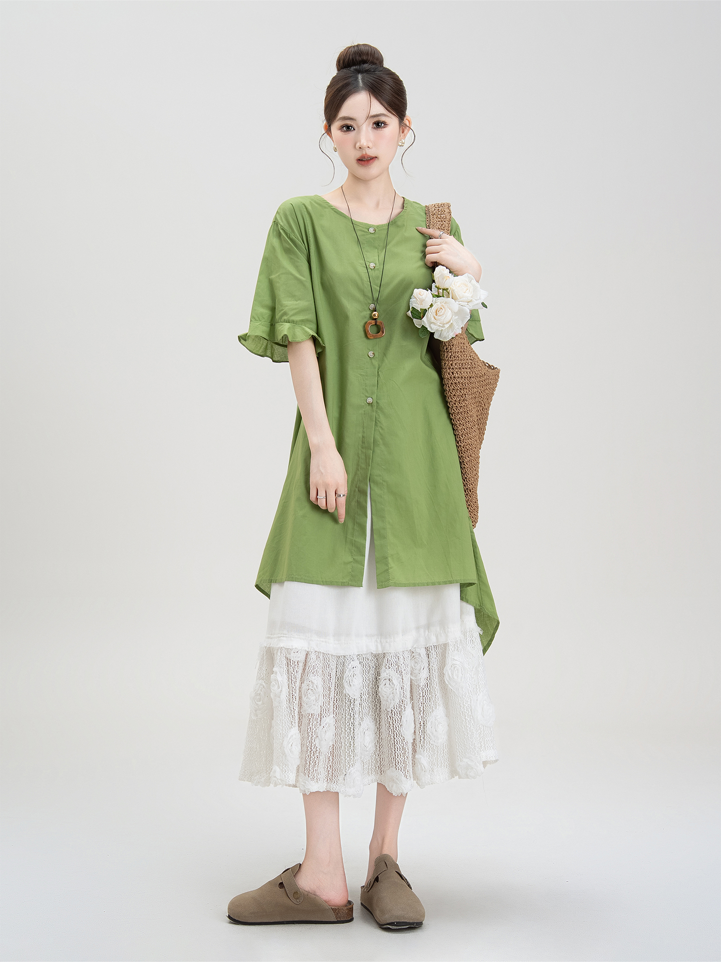 花柄 ファッション レース花模様 重ね層ロングスカート