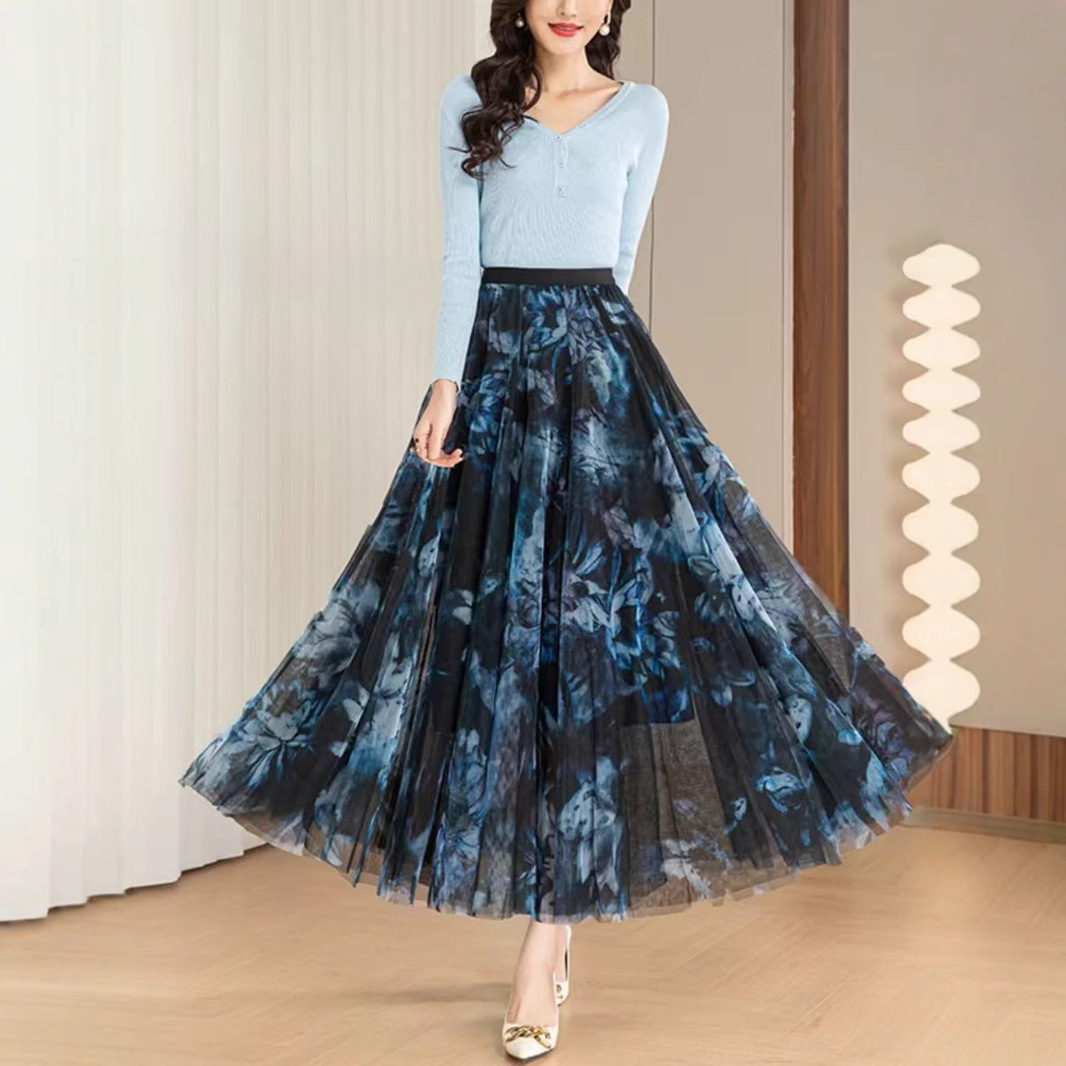 花柄 ファッション 優美チュール花柄ロングスカート