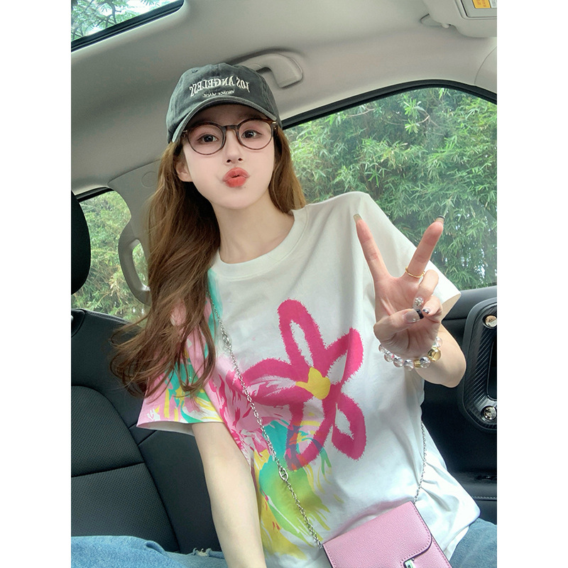 花柄 ファッション 水彩花模様 ふんわりとした半袖