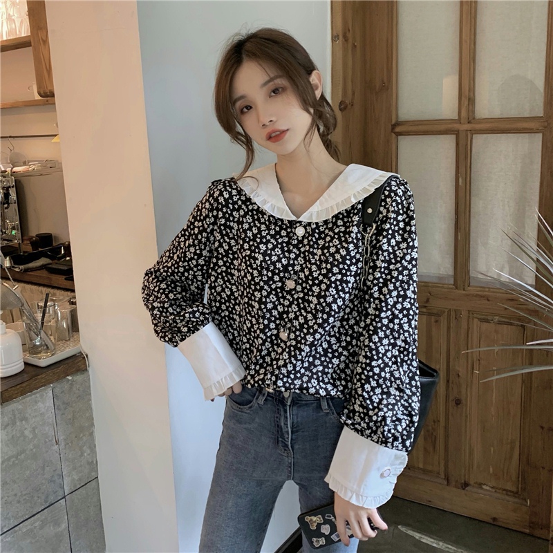 花柄 ファッション レトロ風 白襟 小花柄 シフォンブラウス ゆったり