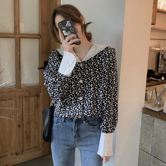 花柄 ファッション レトロ風 白襟 小花柄 シフォンブラウス ゆったり