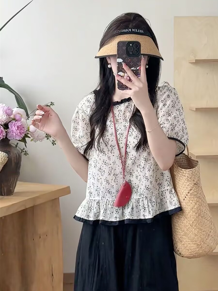 花柄 ファッション 優美小花 パフスリーブペプラムブラウス