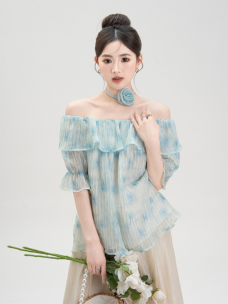 花柄 ファッション 優美な水彩花フリルオフショルダーブラウス