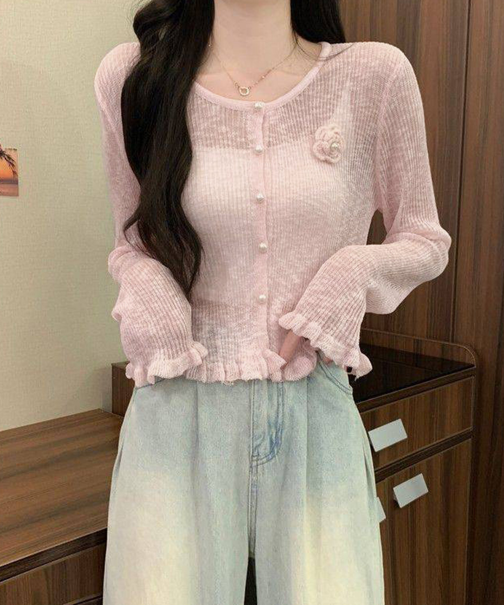 花柄 ファッション フリルニットカーディガン 取り外し可能な花飾り付き