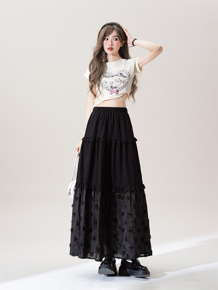 花柄 ファッション ティアード花刺繍ロングスカート