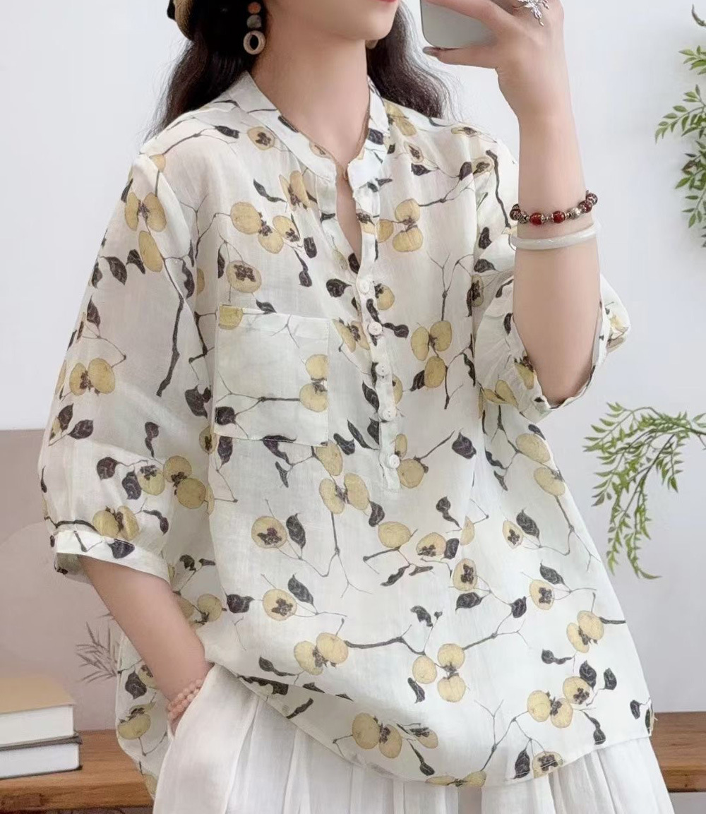 花柄 ファッション 水彩画風 七分袖シアーブラウス