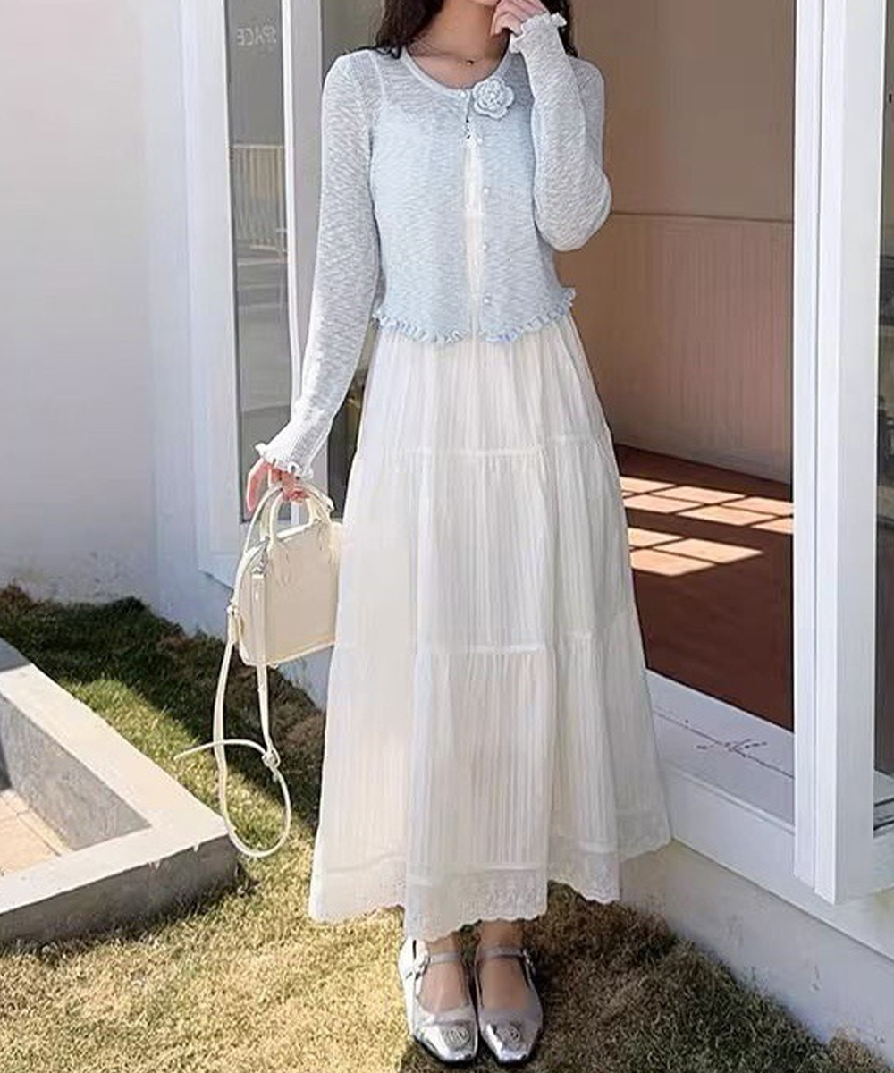 花柄 ファッション フリルニットカーディガン 取り外し可能な花飾り付き