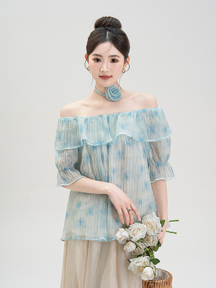 花柄 ファッション 優美な水彩花フリルオフショルダーブラウス