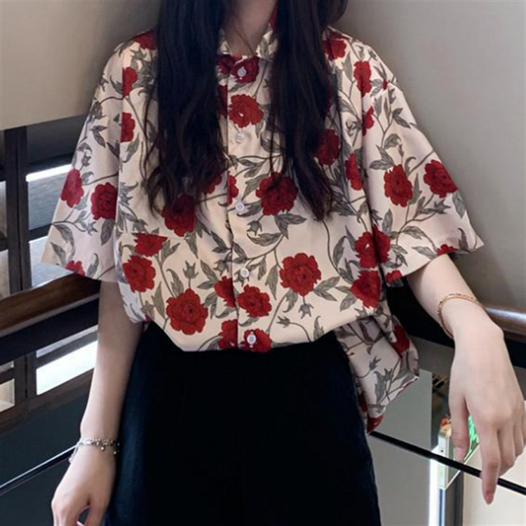花柄 ファッション 優美な牡丹模様 五分袖ブラウス