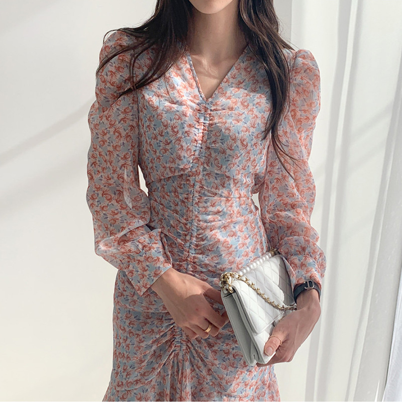 花柄 ファッション 上品な花柄 Vネック ギャザー ロングワンピース