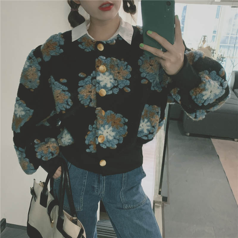 花柄 ファッション 花柄もこもこ ふんわり袖 ラウンドネック カーディガン
