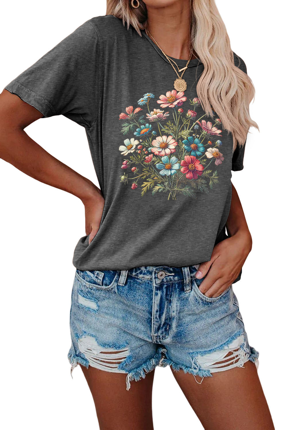 花柄 ファッション 野の花束 刺繍入り半袖カットソー