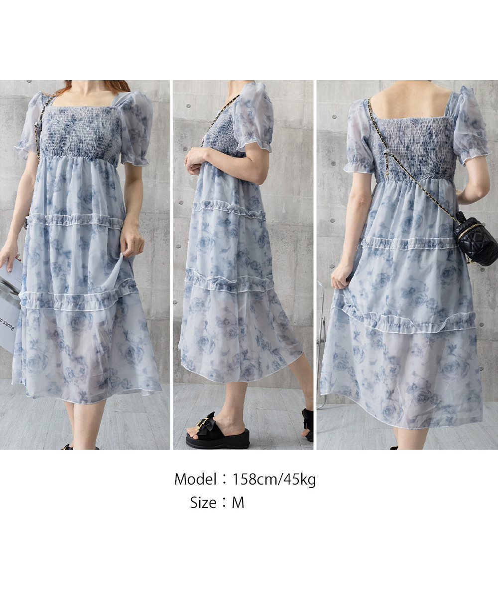花柄 ファッション 花柄シャーリングティアードワンピース 夏服