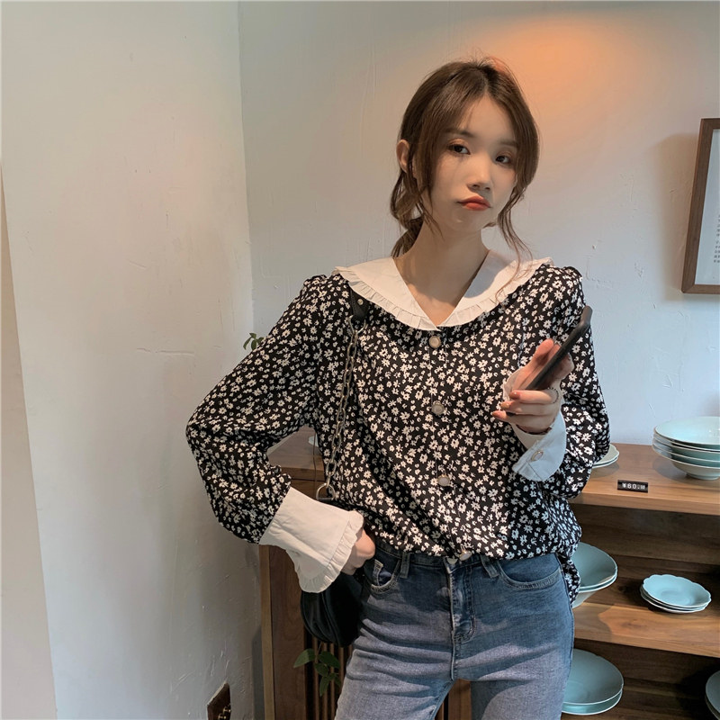 花柄 ファッション レトロ風 白襟 小花柄 シフォンブラウス ゆったり