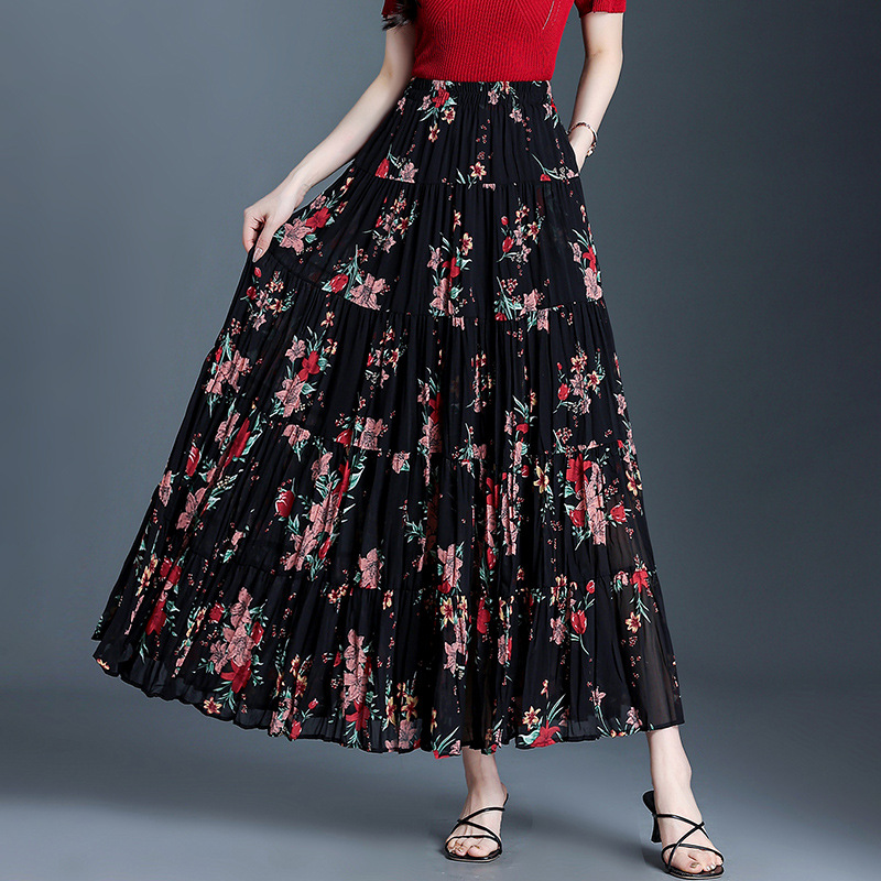 花柄 ファッション 花咲くプリーツマキシスカート