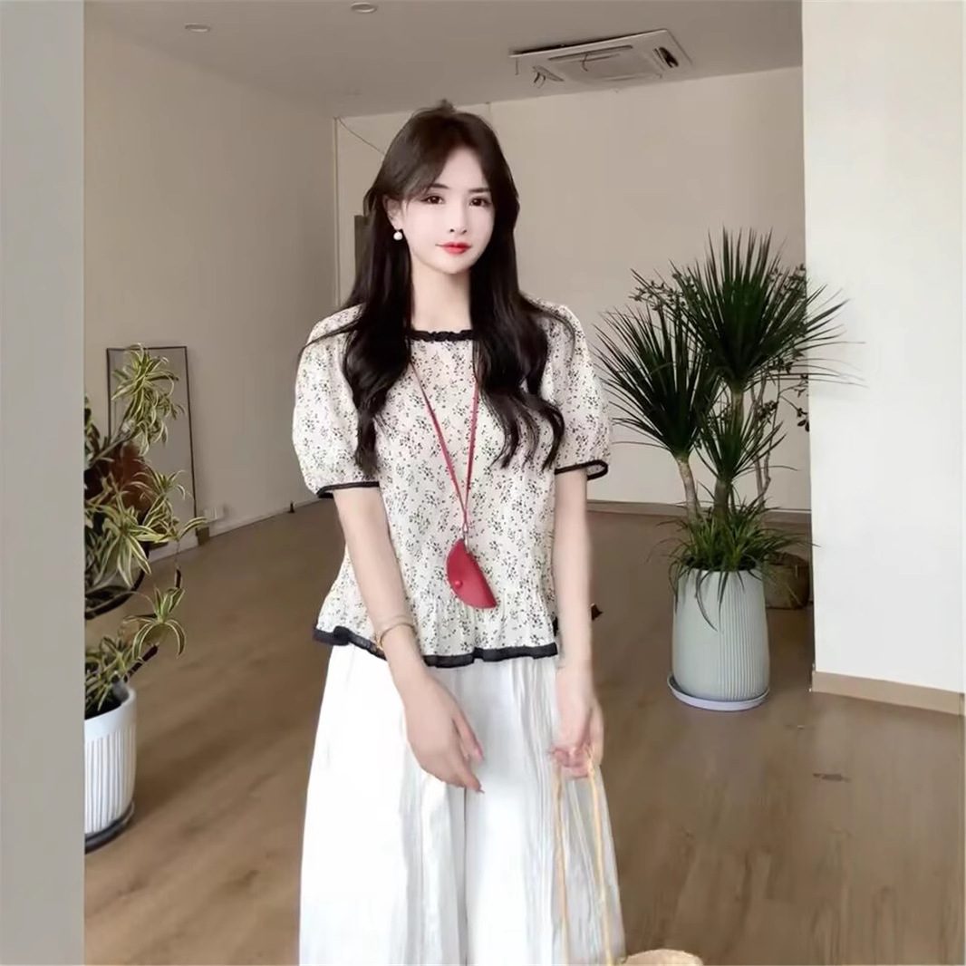 花柄 ファッション 優美小花 パフスリーブペプラムブラウス