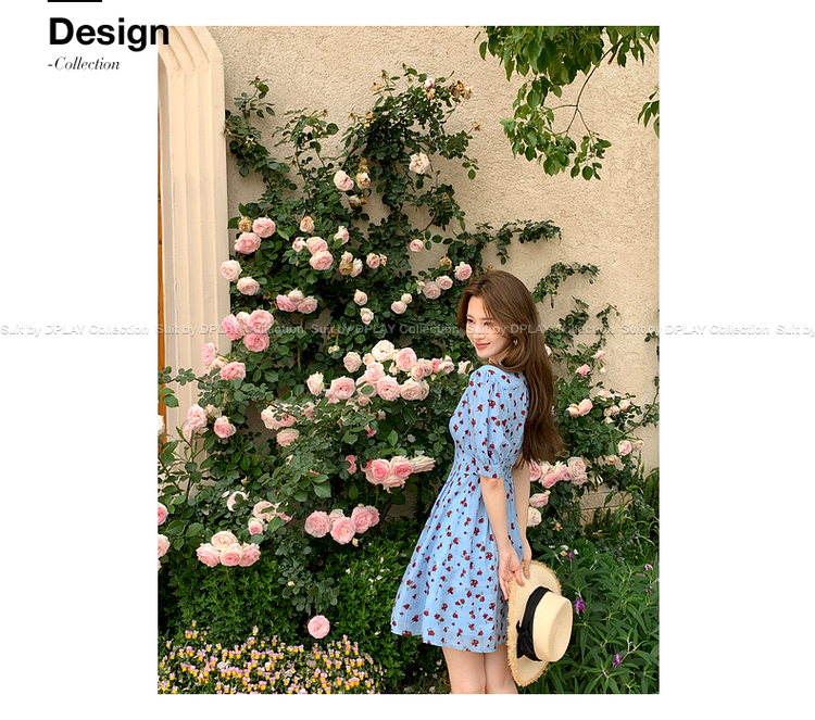 花柄 ファッション パフ袖小花柄ベルト付きミニワンピース