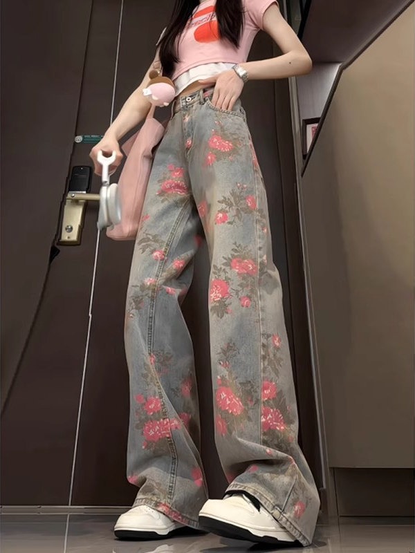 花柄 ファッション 花柄デニム ハイウエストパンツ レディース