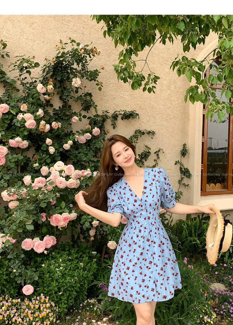 花柄 ファッション パフ袖小花柄ベルト付きミニワンピース