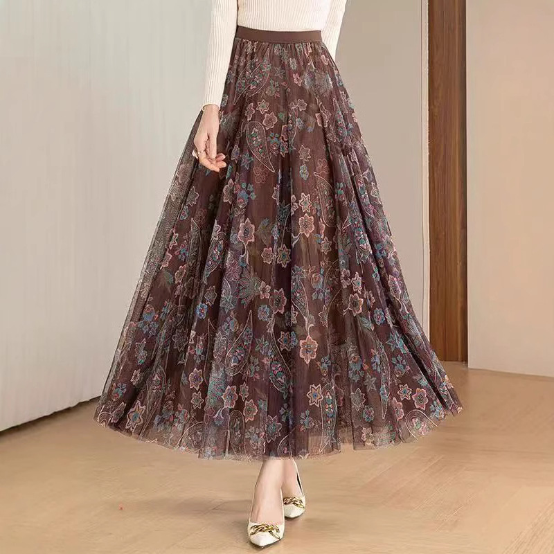 花柄 ファッション 優美チュール花柄ロングスカート